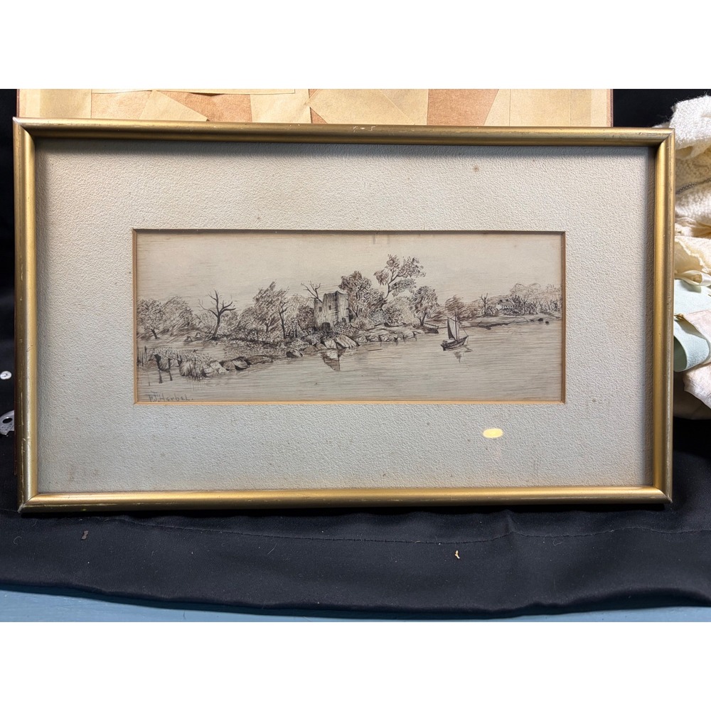 F.J. Herbel Antique Ink Landscape Drawing Framed River Scene Castle Ruins Art
